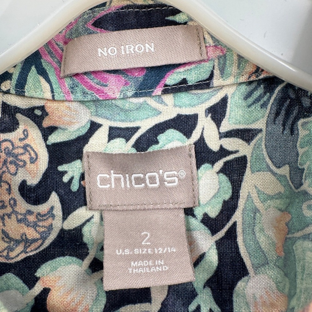 Chicos No Iron Womens Linen Paisley Top Size 2 US L Boho Resort Mediterranean - Picture 3 of 7